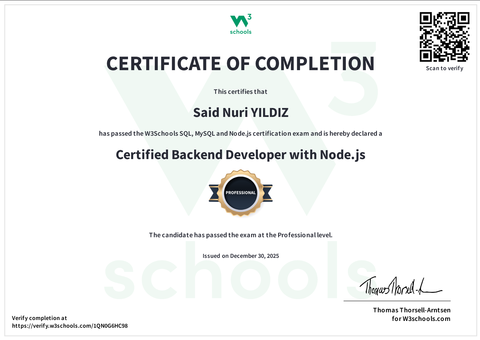 W3Schools Certified Backend Developer with Node.js